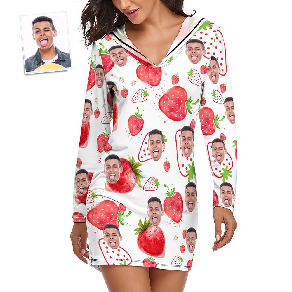 Custom Face Pajamas Women's Pajama Sets Long-sleeved Dress Summer Sleepwear - Strawberry - auphotoblanket