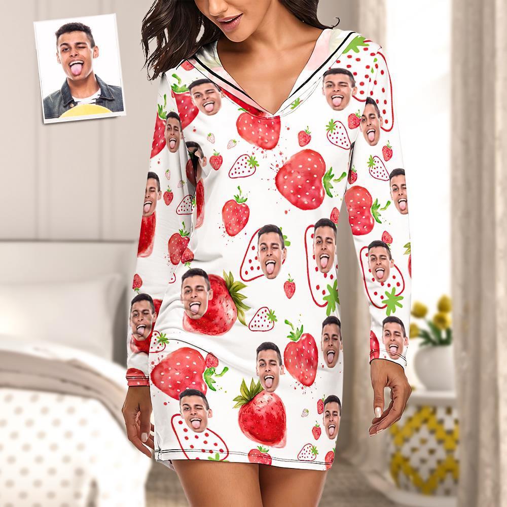 Custom Face Pajamas Women's Pajama Sets Long-sleeved Dress Summer Sleepwear - Strawberry - auphotoblanket