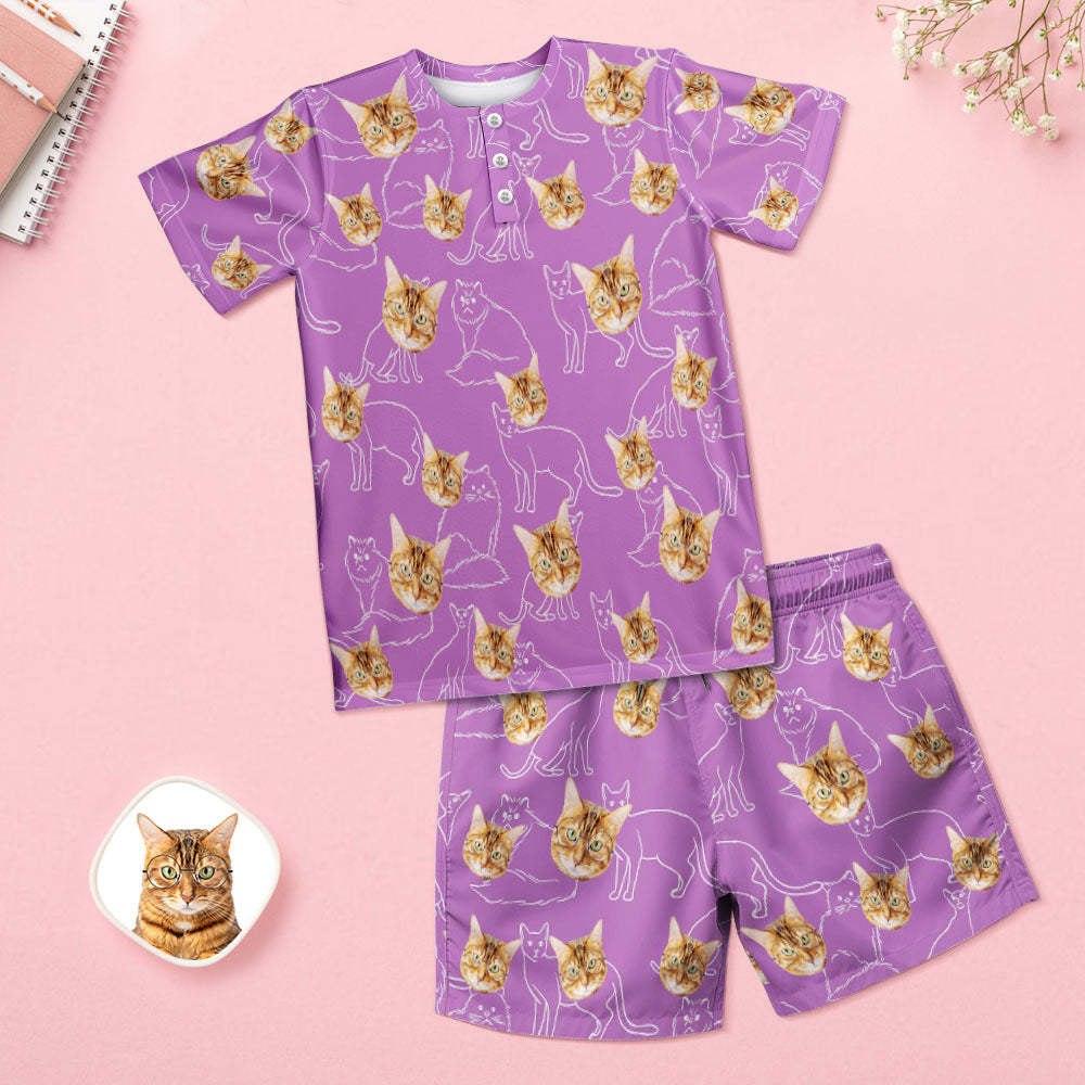 Custom Face Pajamas Cat Face Women Short Pajama Set Gift for Pet Lover - auphotoblanket