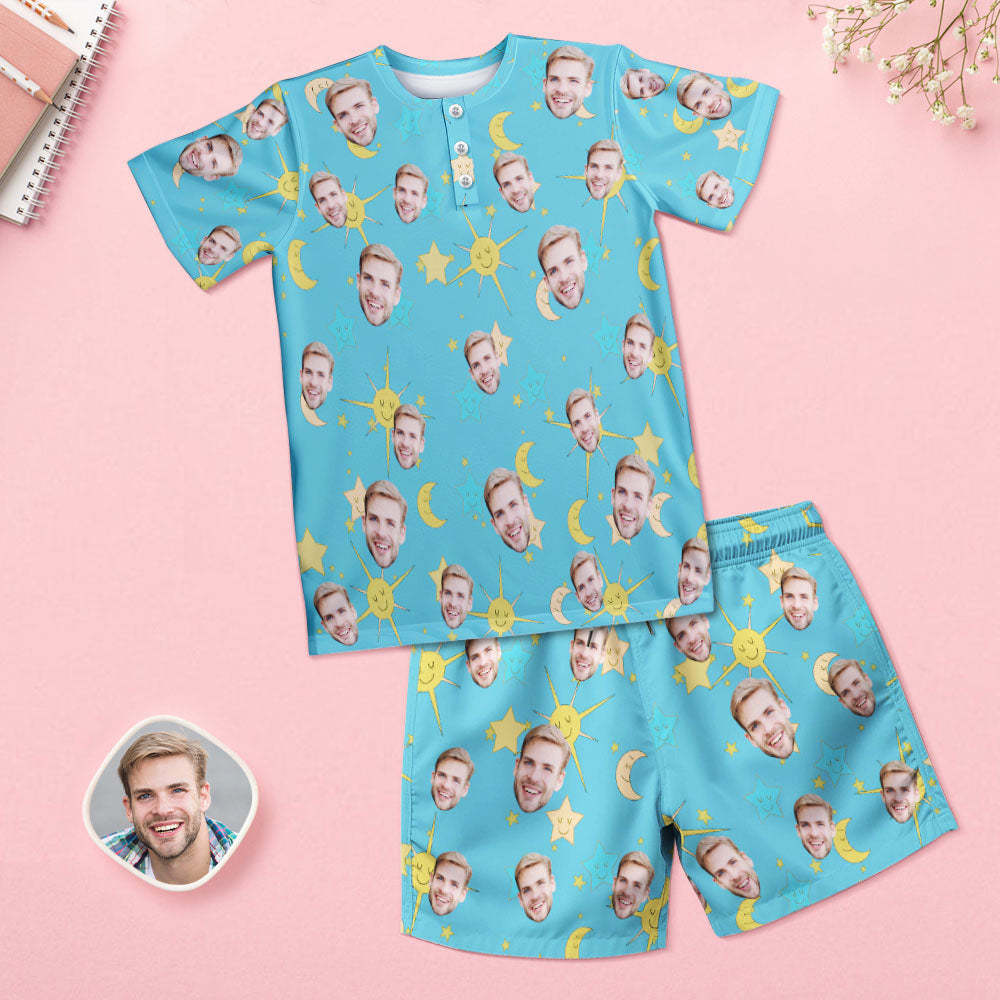 Custom Face Pajamas Women Blue Short Pajama Set Gift - auphotoblanket