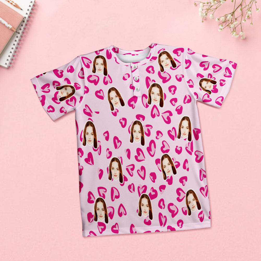 Custom Face Pajamas Women Blue Short Pajama Set Gift Pink Heart - auphotoblanket