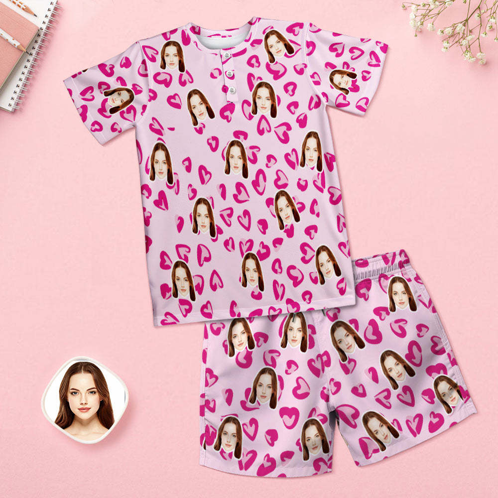 Custom Face Pajamas Women Blue Short Pajama Set Gift Pink Heart - auphotoblanket