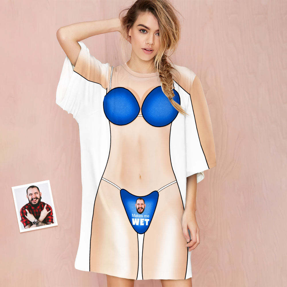 Custom Face Blue Nightdress Makes Me Wet Naughty Personalized Pyjamas - auphotoblanket