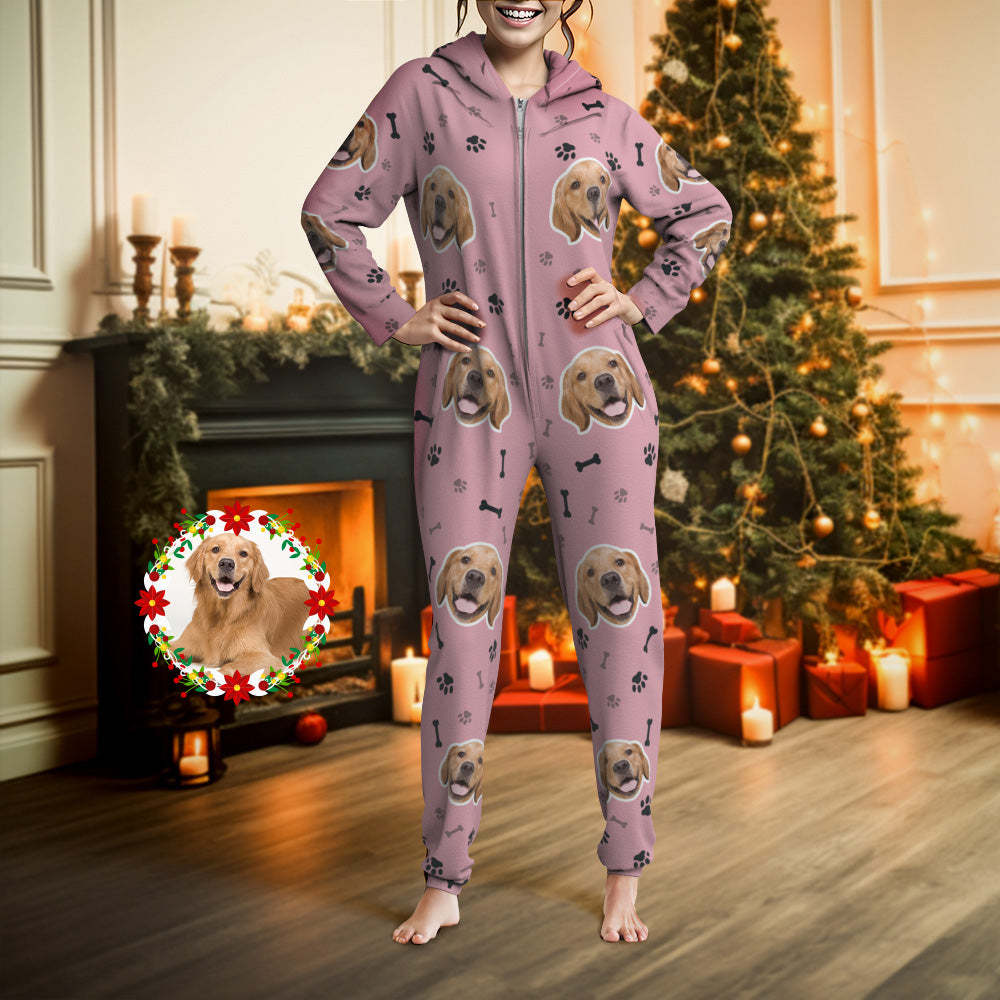 Custom Face Paw Print Onesies Christmas Pajamas One-Piece Sleepwear Christmas Gift - auphotoblanket