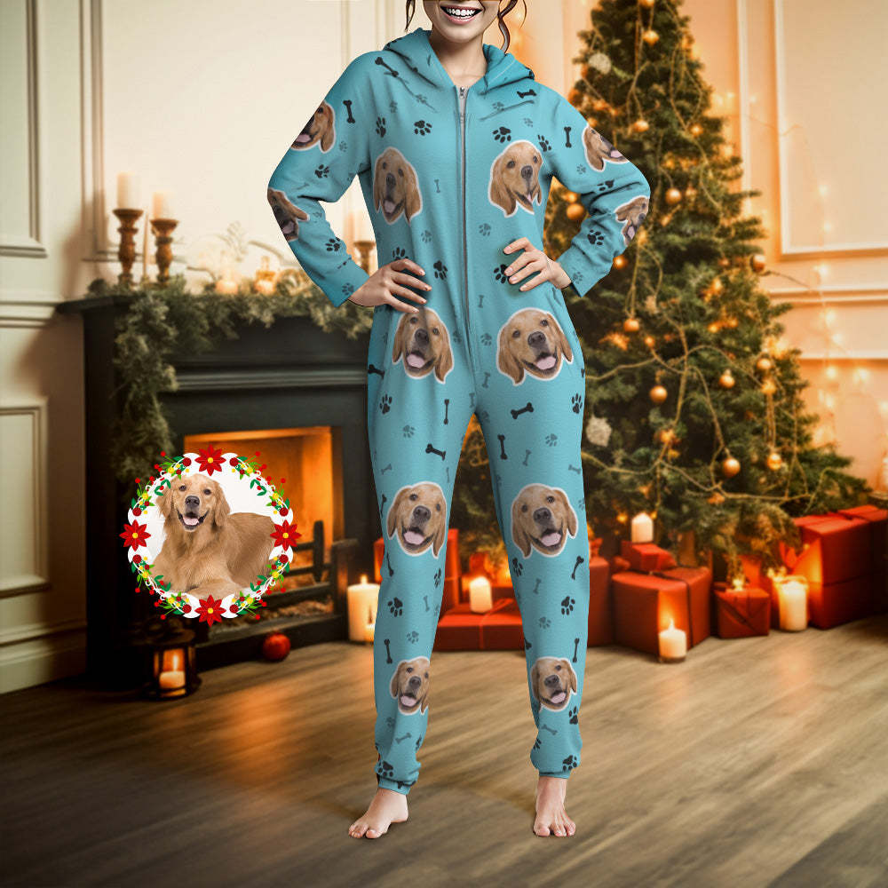 Custom Face Paw Print Onesies Christmas Pajamas One-Piece Sleepwear Christmas Gift - auphotoblanket