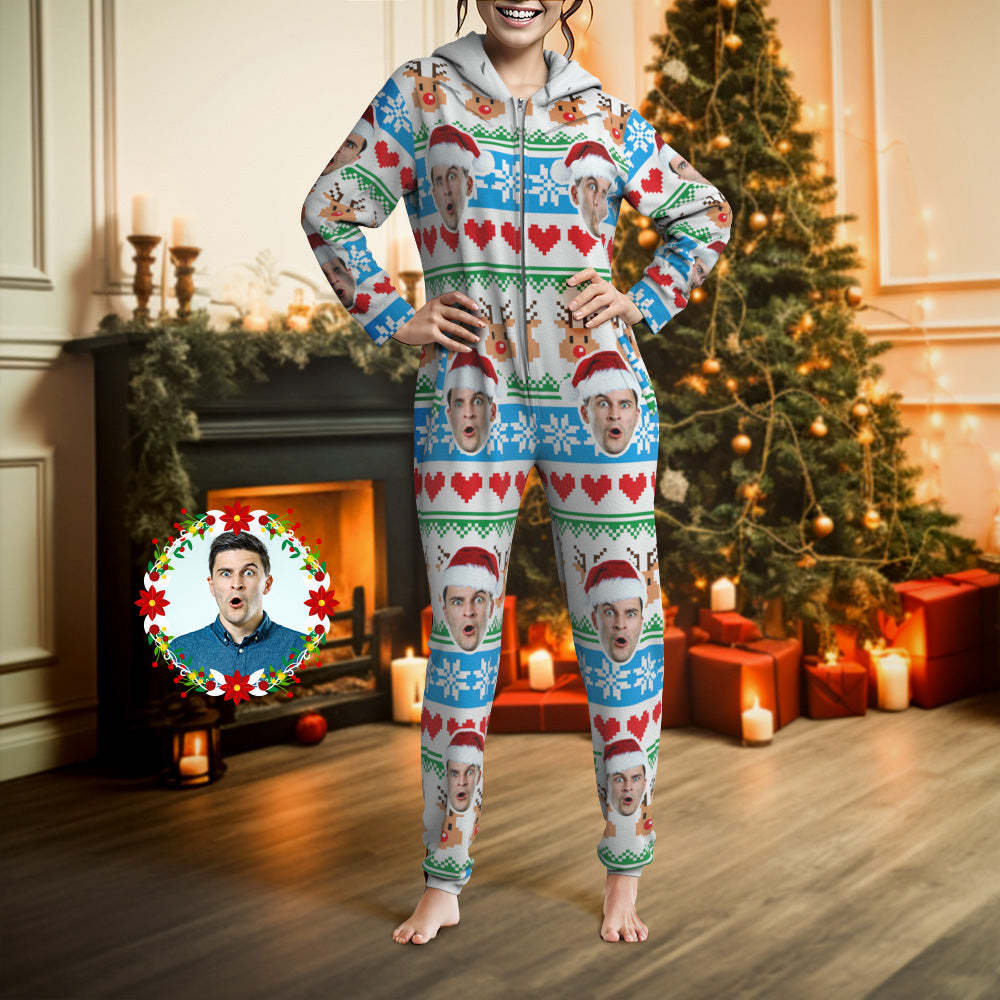 Custom Face Christmas Print Onesies Pajamas One-Piece Sleepwear Christmas Gift - auphotoblanket