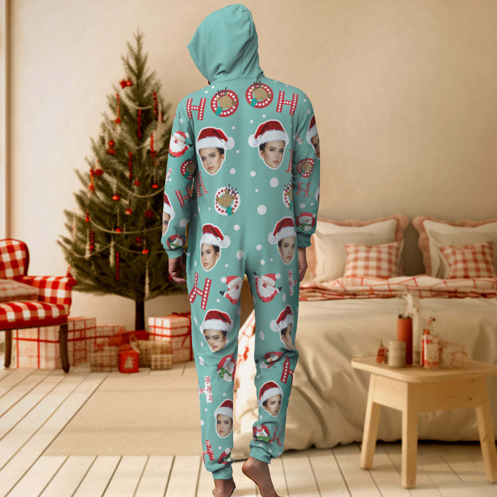 Custom Face Onesies Pajamas HO HO Christmas One-Piece Sleepwear Christmas Gift - auphotoblanket