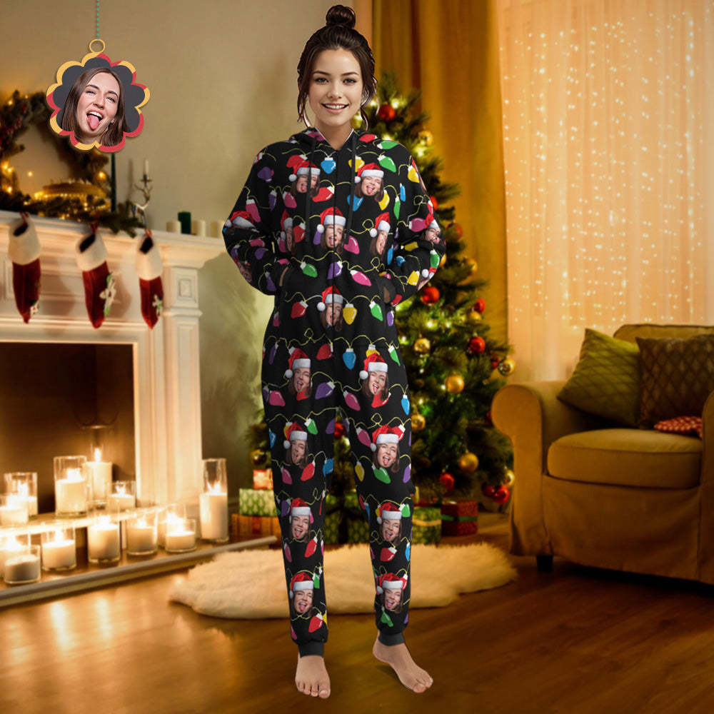 Custom Face Christmas Lights Printed Flannel Fleece Onesie Pajamas Personalized Face Jumpsuit Homewear Christmas Gift - auphotoblanket