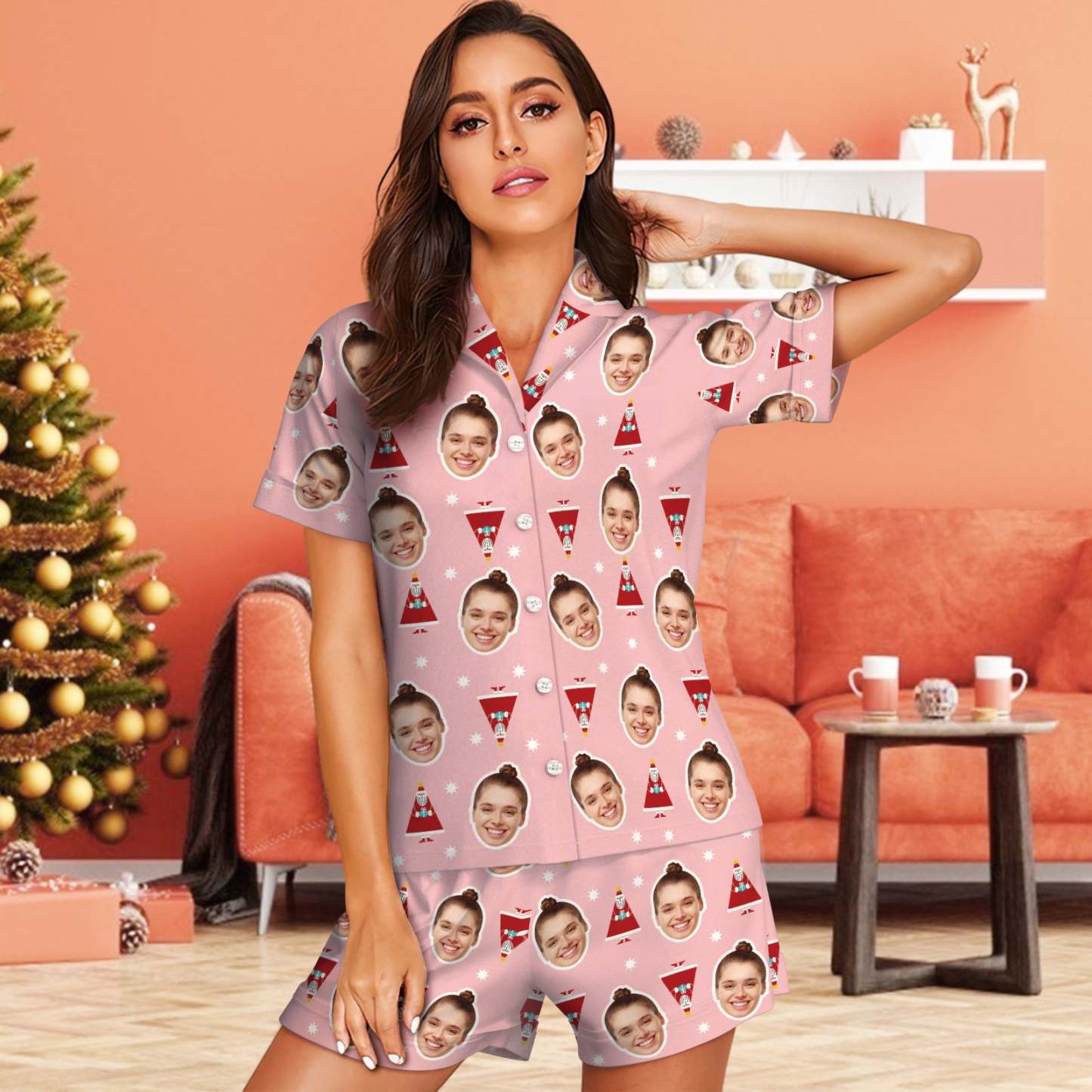 Custom Pink Face Pajamas Cute Santa Claus Pajamas - auphotoblanket