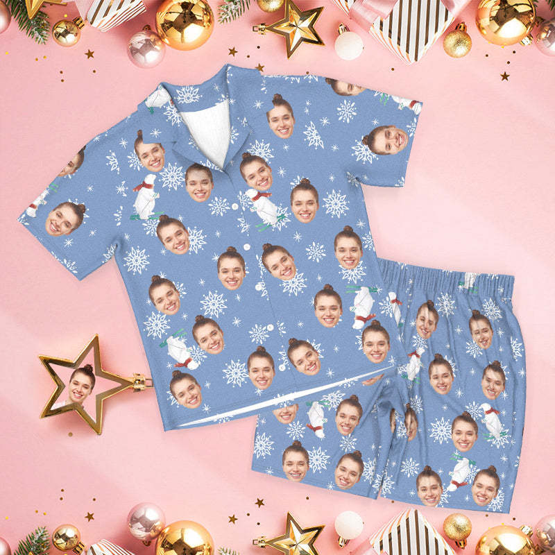 Custom Face Pajamas Blue pajamas Cute Polar Bear Christmas Pajamas - auphotoblanket