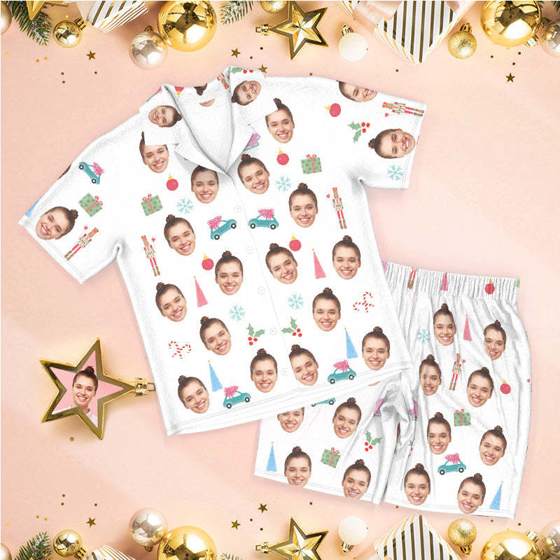 Custom Face Pajamas Christmas Pajamas Snowflakes and Cars - auphotoblanket