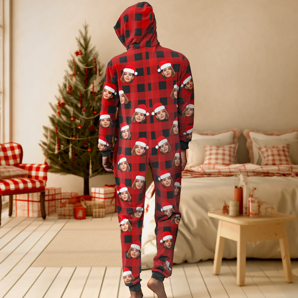 Custom Onesies Photo Pajamas One-Piece Sleepwear Red and Black Plaid Jumpsuit Homewear Christmas Gift