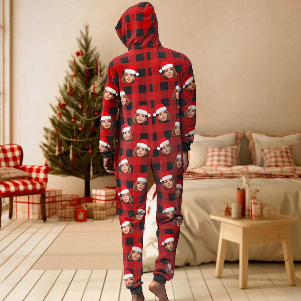 Custom Onesies Photo Pajamas One-Piece Sleepwear Red and Black Plaid Jumpsuit Homewear Christmas Gift - auphotoblanket