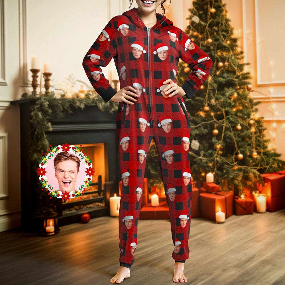 Custom Onesies Photo Pajamas One-Piece Sleepwear Red and Black Plaid Jumpsuit Homewear Christmas Gift - auphotoblanket
