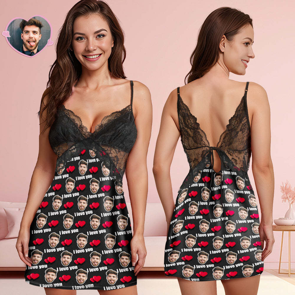 Custom Face Women Lace Sleepwear I Love You Personalized Photo Nightwear Gift for Her - auphotoblanket
