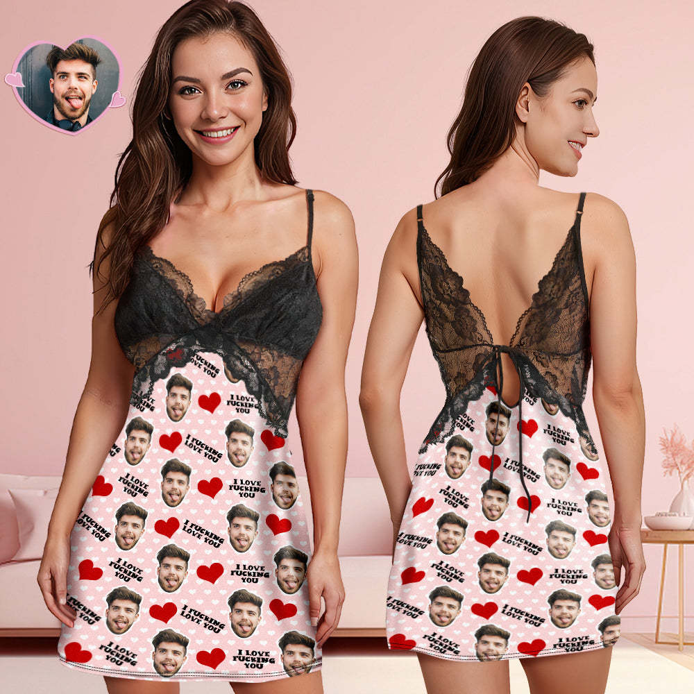 Custom Face Women Lace Sleepwear I Fucking Love You Personalized Photo Nightwear Gift for Her - auphotoblanket