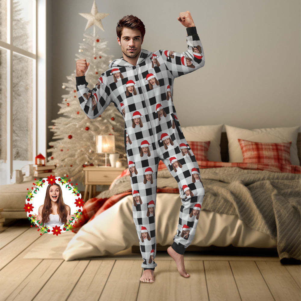 Custom Onesies Photo Pajamas One-Piece Sleepwear Red and Black Plaid Jumpsuit Homewear Christmas Gift - auphotoblanket