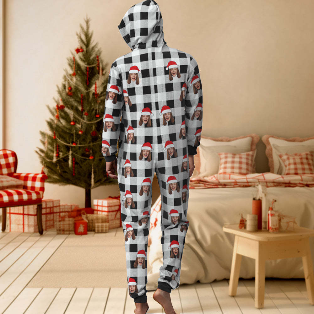 Custom Onesies Photo Pajamas One-Piece Sleepwear Red and Black Plaid Jumpsuit Homewear Christmas Gift - auphotoblanket