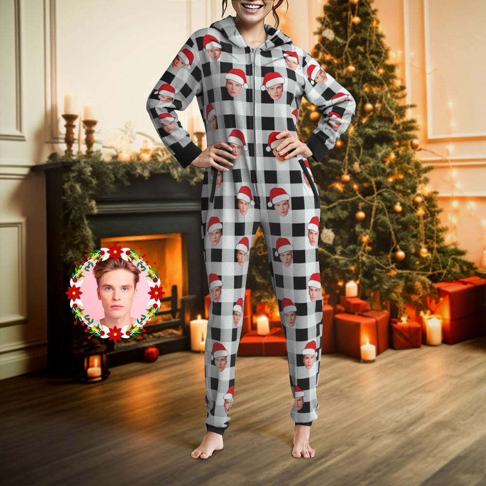 Custom Onesies Photo Pajamas One-Piece Sleepwear Red and Black Plaid Jumpsuit Homewear Christmas Gift - auphotoblanket