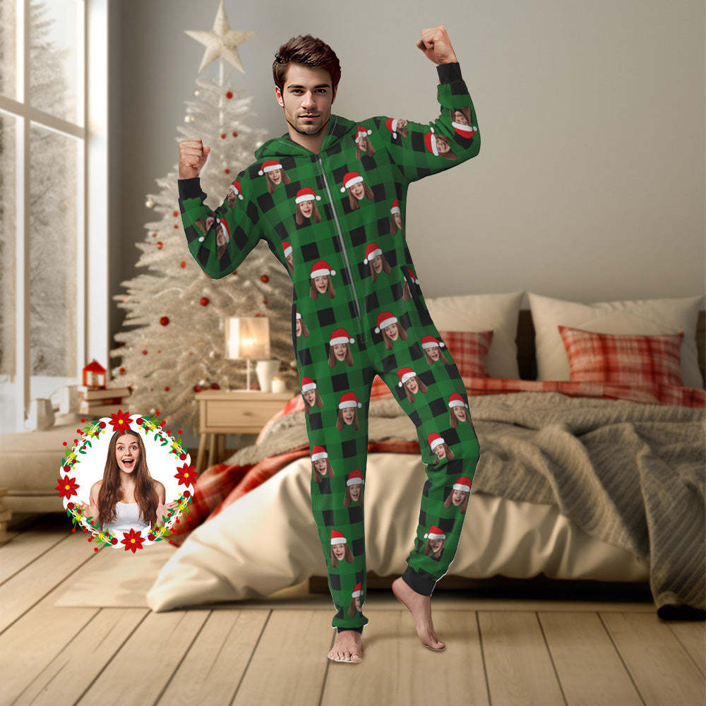 Custom Onesies Photo Pajamas One-Piece Sleepwear Red and Black Plaid Jumpsuit Homewear Christmas Gift - auphotoblanket