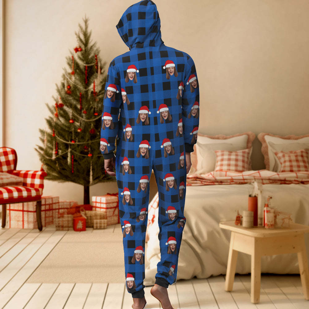 Custom Onesies Photo Pajamas One-Piece Sleepwear Red and Black Plaid Jumpsuit Homewear Christmas Gift - auphotoblanket