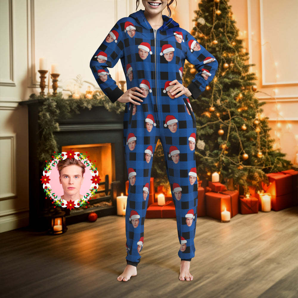 Custom Onesies Photo Pajamas One-Piece Sleepwear Red and Black Plaid Jumpsuit Homewear Christmas Gift - auphotoblanket