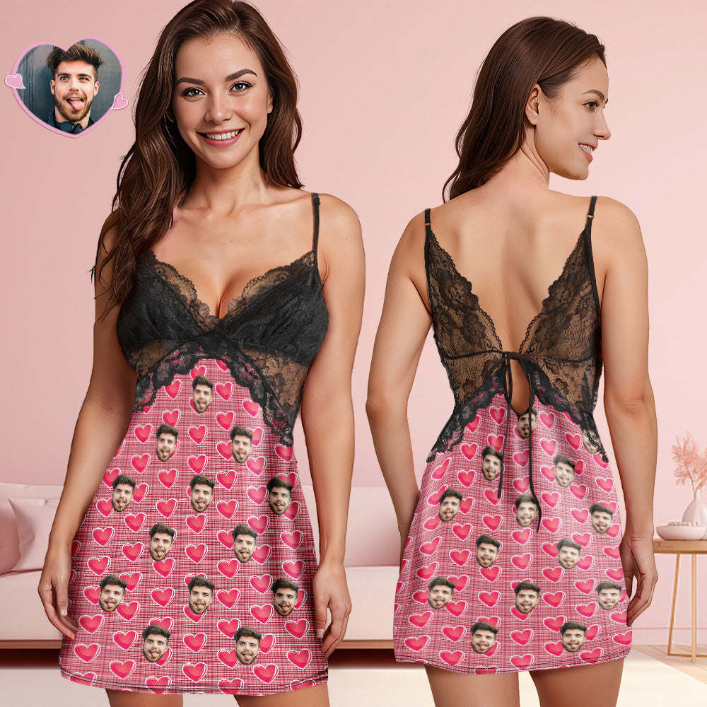 Custom Face Women Lace Sleepwear Romantic Heart Personalized Photo Nightwear Valentine's Day Gift - auphotoblanket