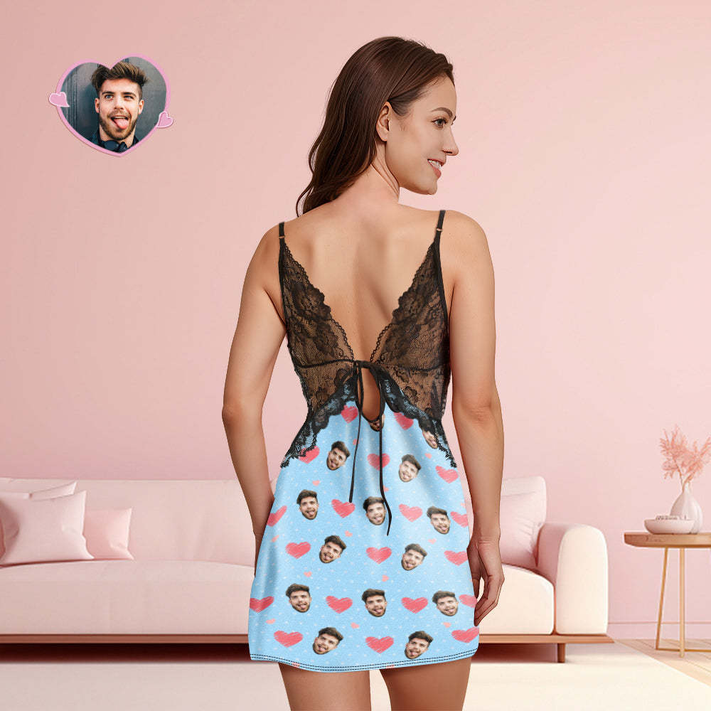 Custom Face Women Lace Sleepwear Pink Heart Personalized Photo Nightwear Valentine's Day Gift - auphotoblanket