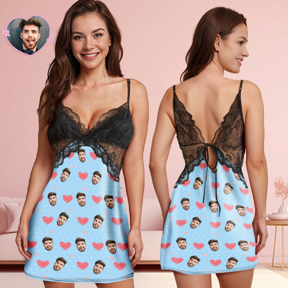 Custom Face Women Lace Sleepwear Pink Heart Personalized Photo Nightwear Valentine's Day Gift - auphotoblanket