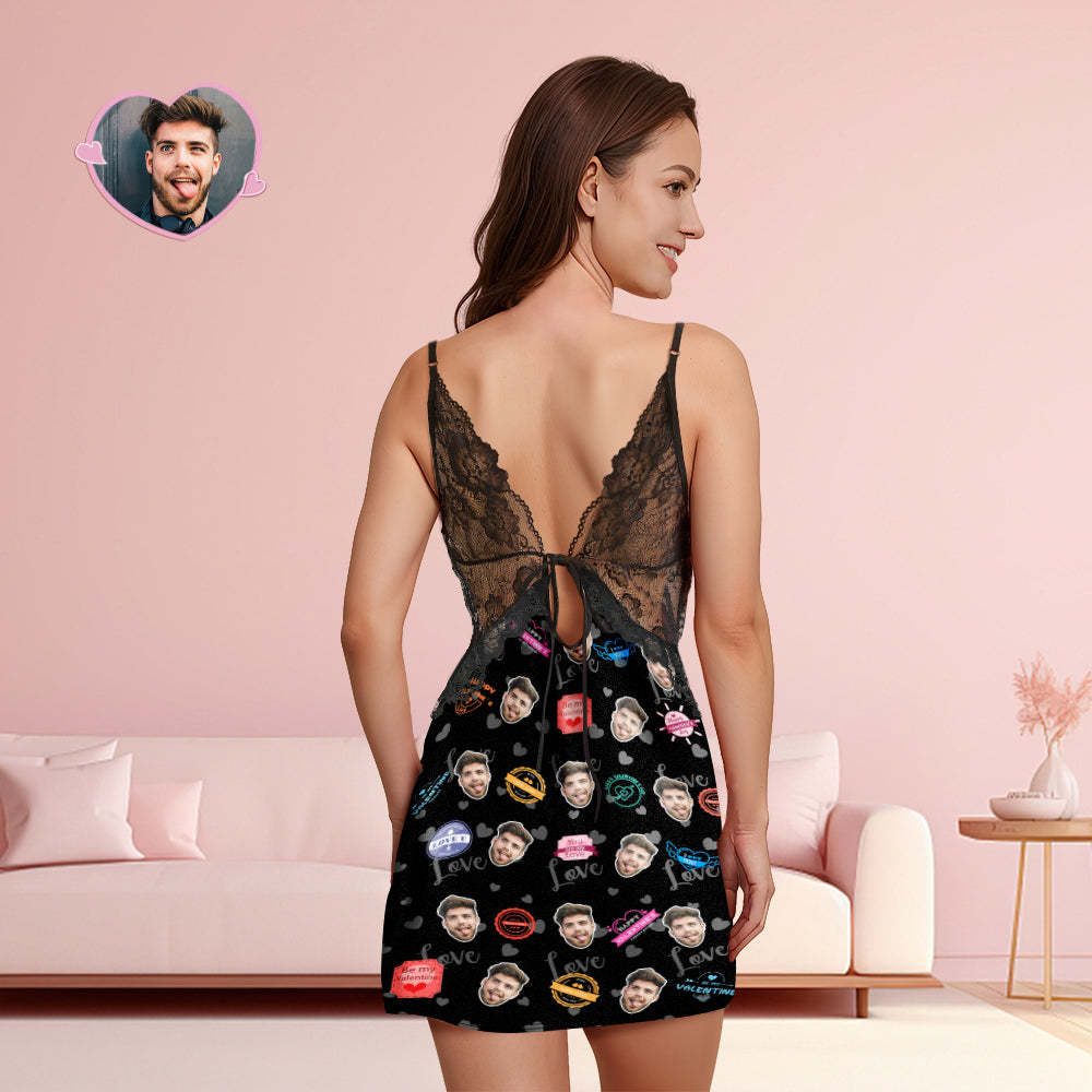 Custom Face Women Lace Sleepwear Love Stamps Personalized Photo Nightwear Valentine's Day Gift - auphotoblanket