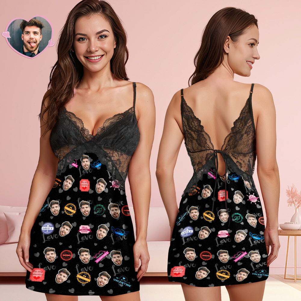 Custom Face Women Lace Sleepwear Love Stamps Personalized Photo Nightwear Valentine's Day Gift - auphotoblanket