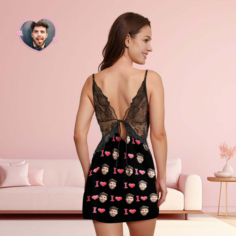 Custom Face Women Lace Sleepwear LOVE YOU Personalized Photo Nightwear Valentine's Day Gift - auphotoblanket