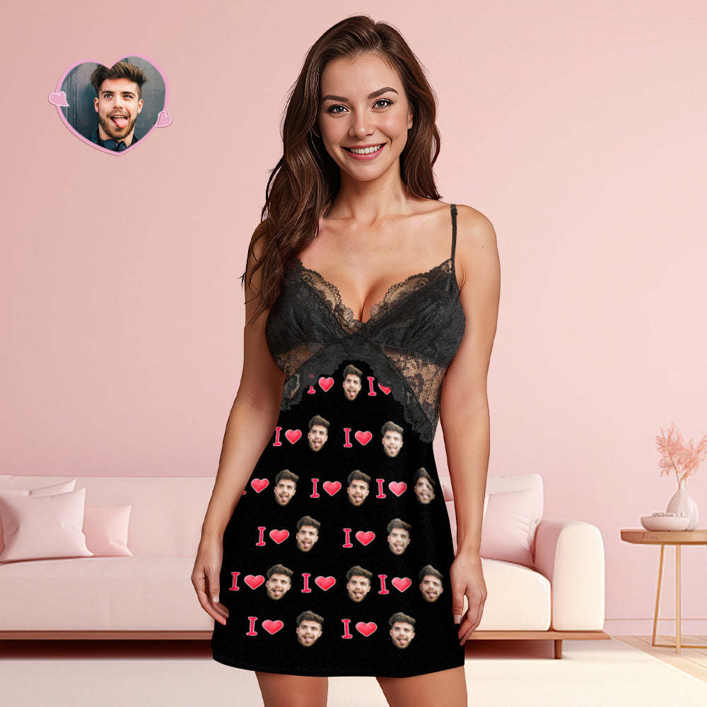 Custom Face Women Lace Sleepwear LOVE YOU Personalized Photo Nightwear Valentine's Day Gift - auphotoblanket