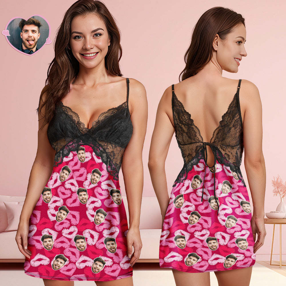 Custom Face Women Lace Sleepwear Lipstick of Love Personalized Photo Nightwear Valentine's Day Gift - auphotoblanket