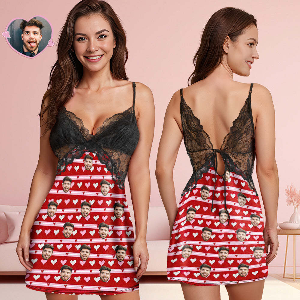 Custom Face Women Lace Sleepwear Love Stripes Personalized Photo Nightwear Valentine's Day Gift - auphotoblanket