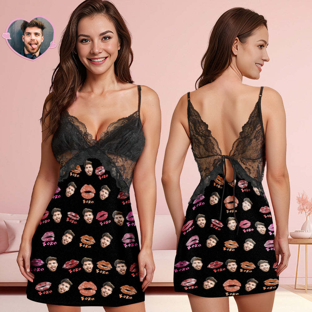 Custom Face Women Lace Sleepwear XOXO Personalized Photo Nightwear Valentine's Day Gift - auphotoblanket