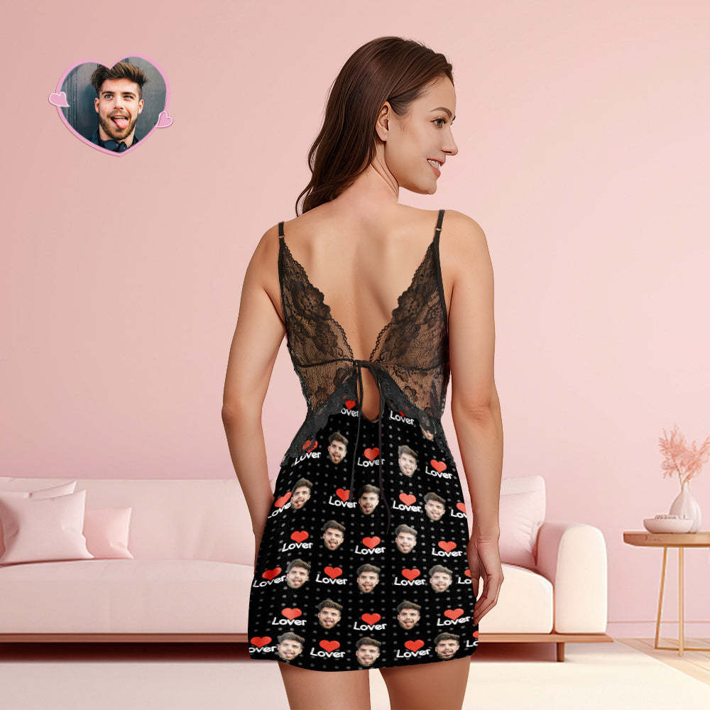Custom Face Women Lace Sleepwear Lover Personalized Photo Nightwear Valentine's Day Gift - auphotoblanket