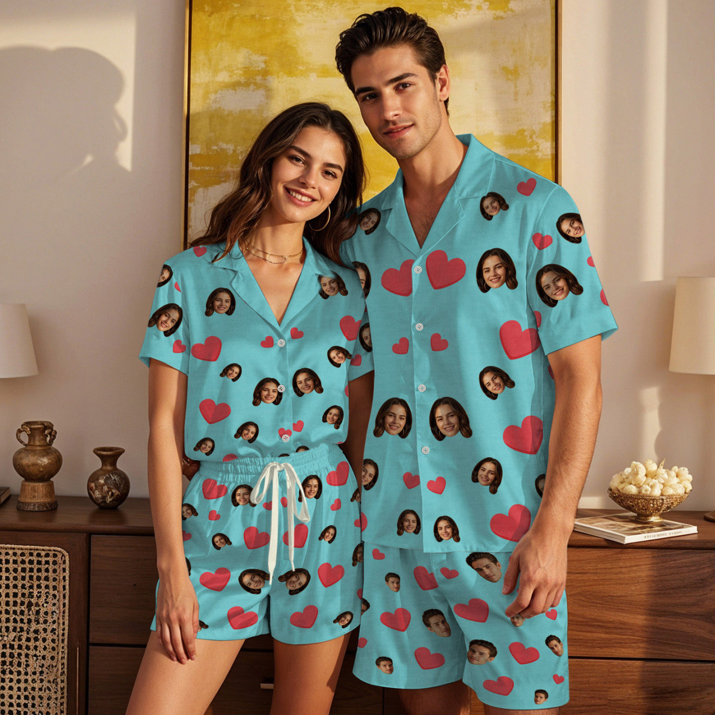 Custom Face Short Sleeve Pajamas Custom Red Heart Photo Pajamas - auphotoblanket