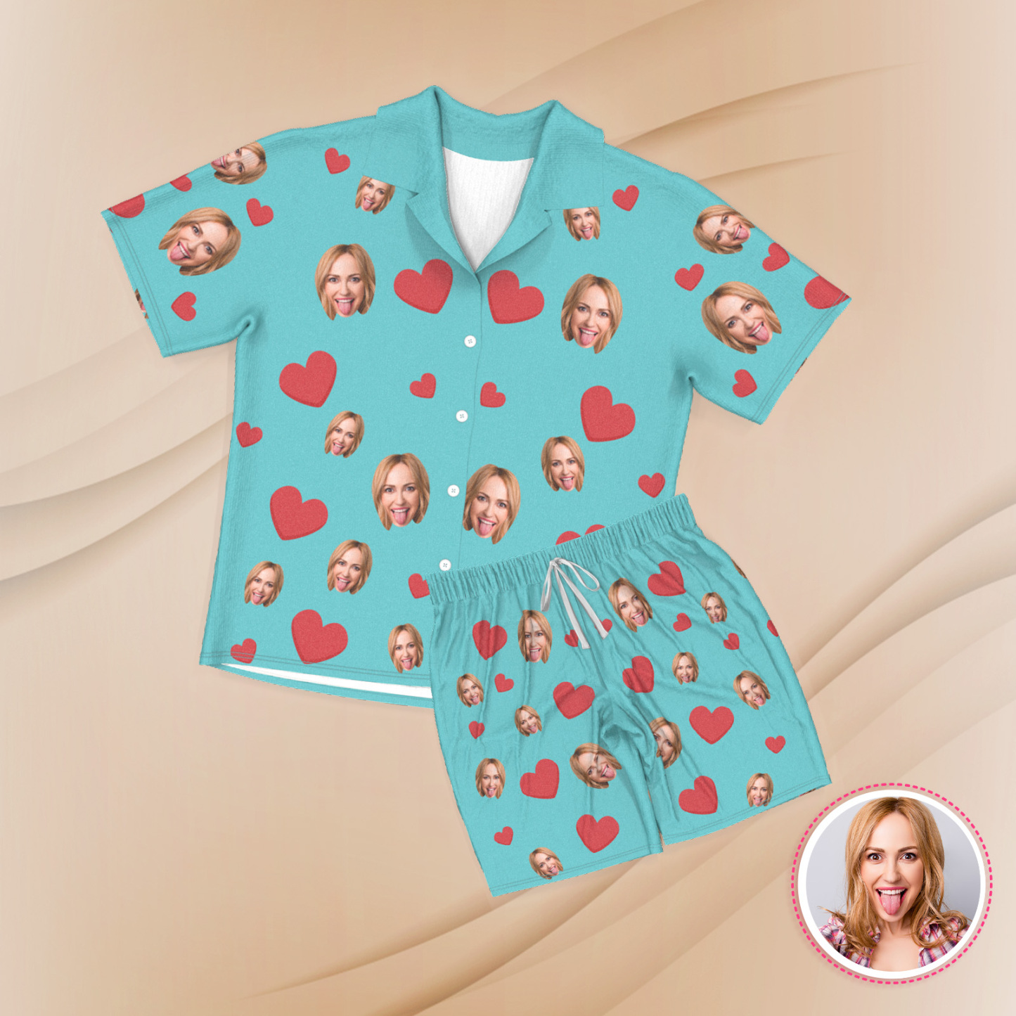 Custom Face Short Sleeve Pajamas Custom Red Heart Photo Pajamas - auphotoblanket
