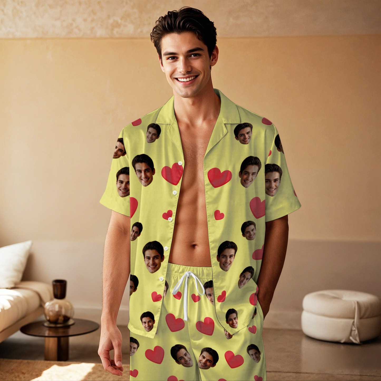 Custom Face Short Sleeve Pajamas Custom Red Heart Photo Pajamas - auphotoblanket