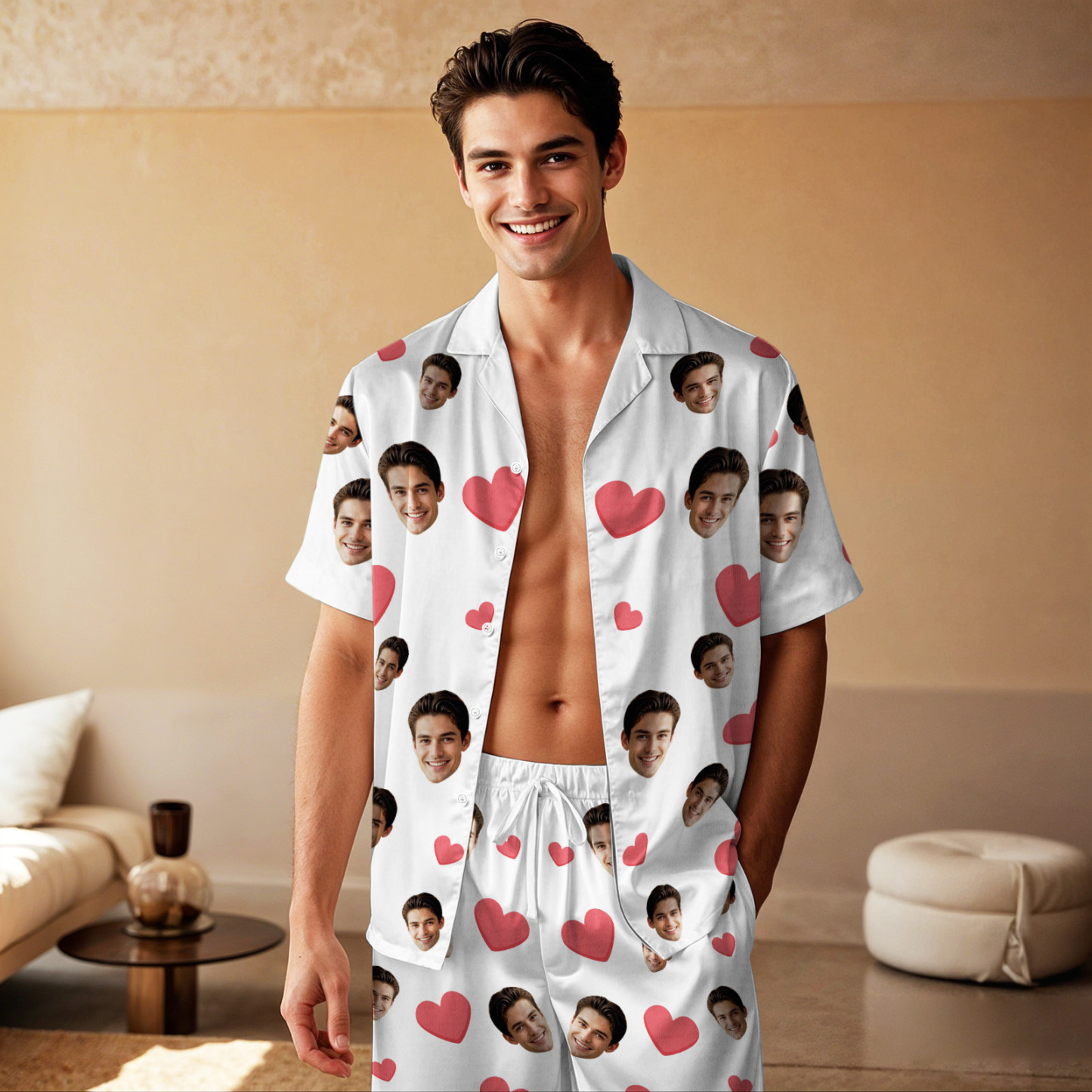 Custom Face Short Sleeve Pajamas Custom Red Heart Photo Pajamas - auphotoblanket
