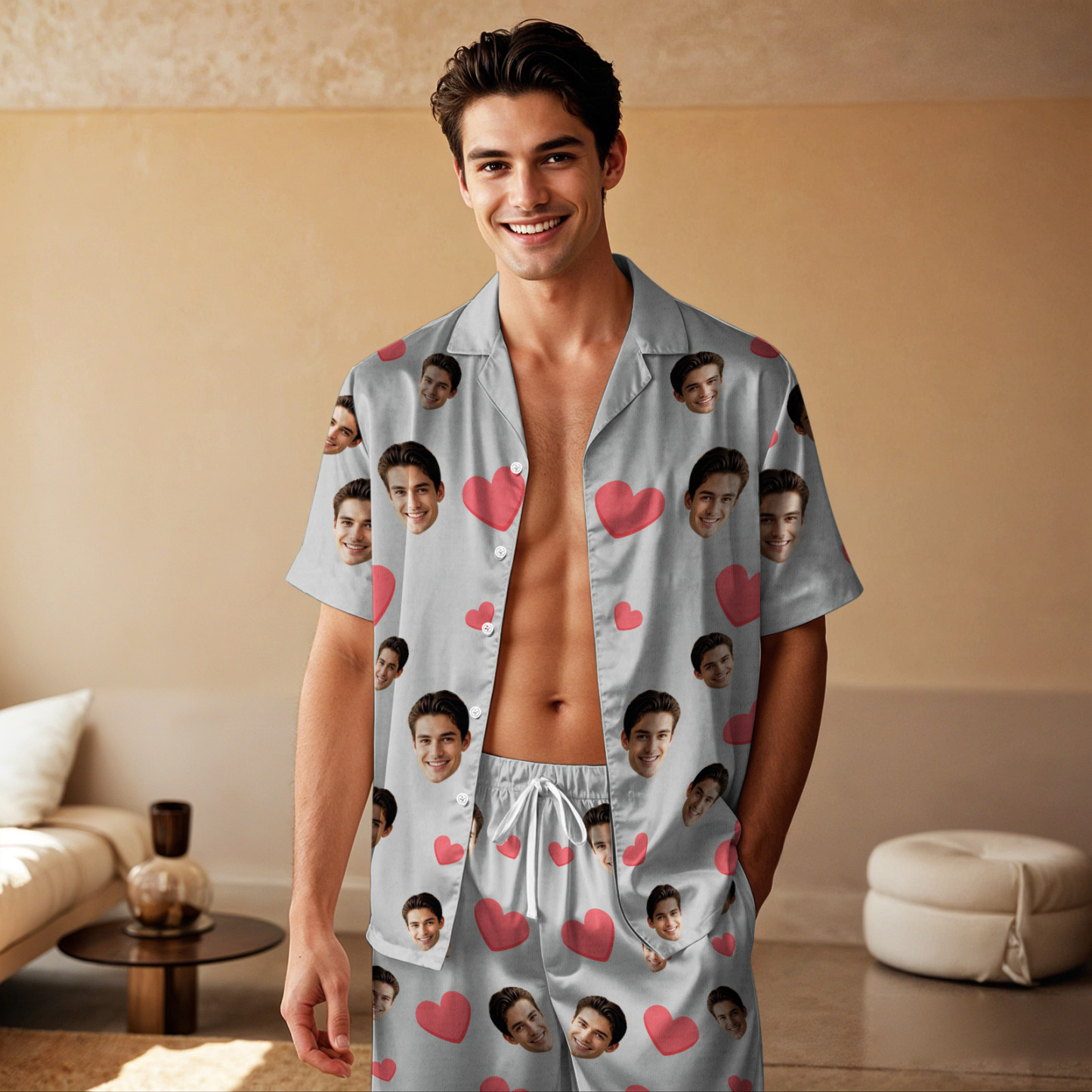 Custom Face Short Sleeve Pajamas Custom Red Heart Photo Pajamas - auphotoblanket