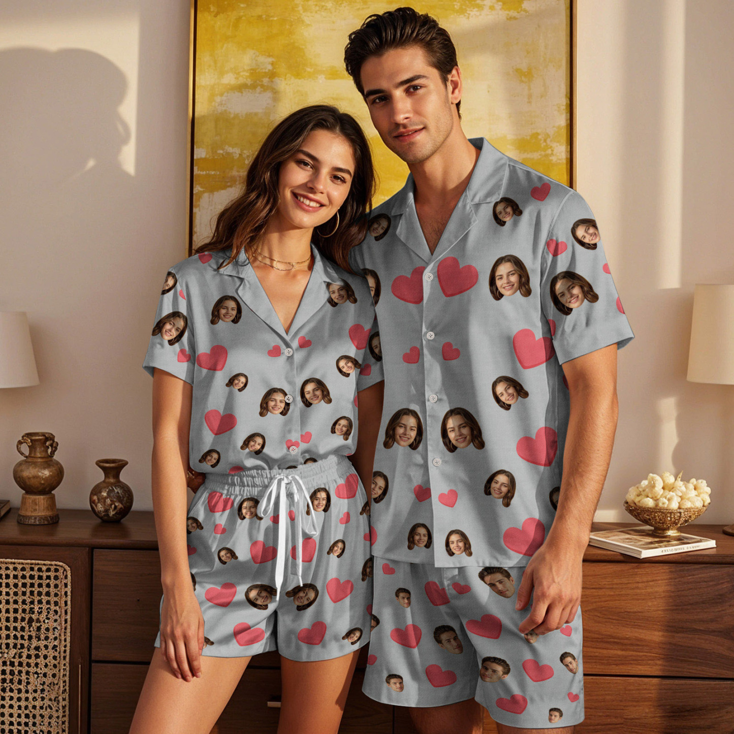 Custom Face Short Sleeve Pajamas Custom Red Heart Photo Pajamas - auphotoblanket