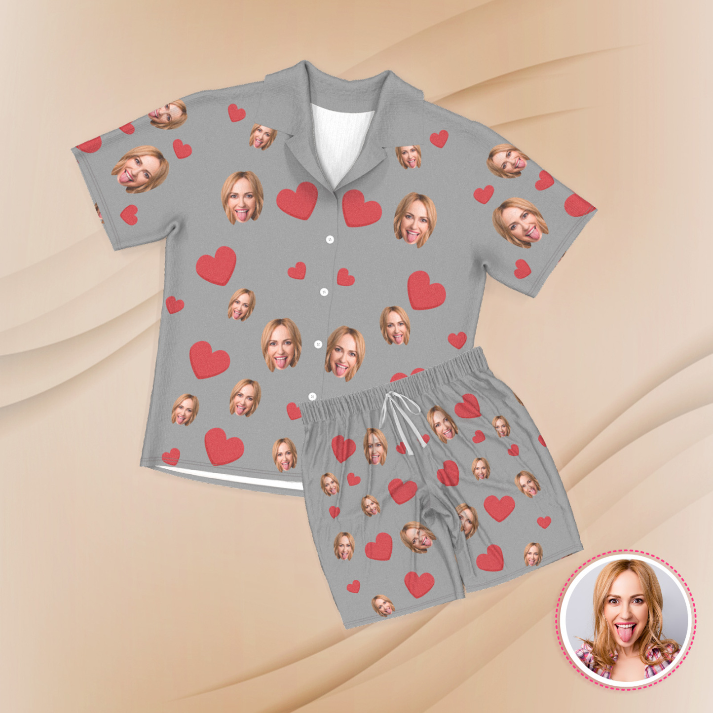 Custom Face Short Sleeve Pajamas Custom Red Heart Photo Pajamas - auphotoblanket