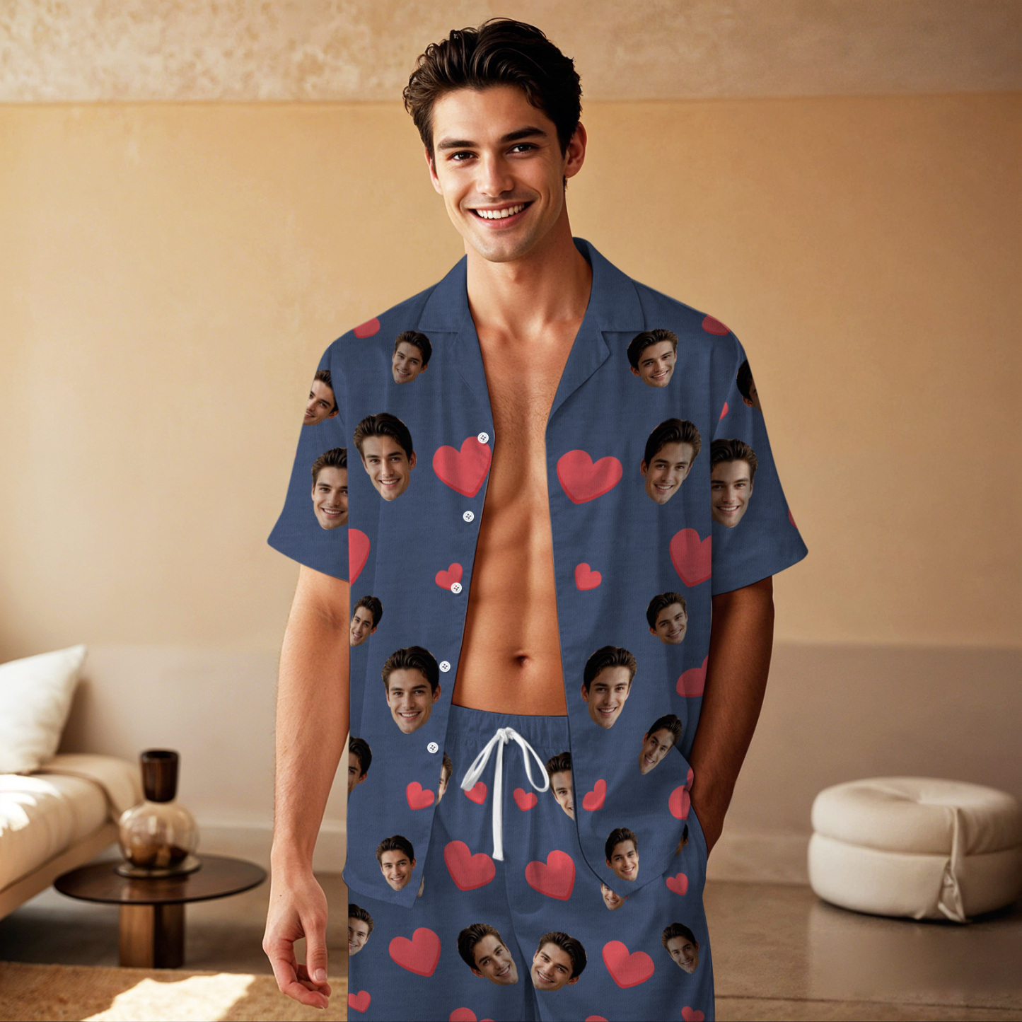 Custom Face Short Sleeve Pajamas Custom Red Heart Photo Pajamas - auphotoblanket