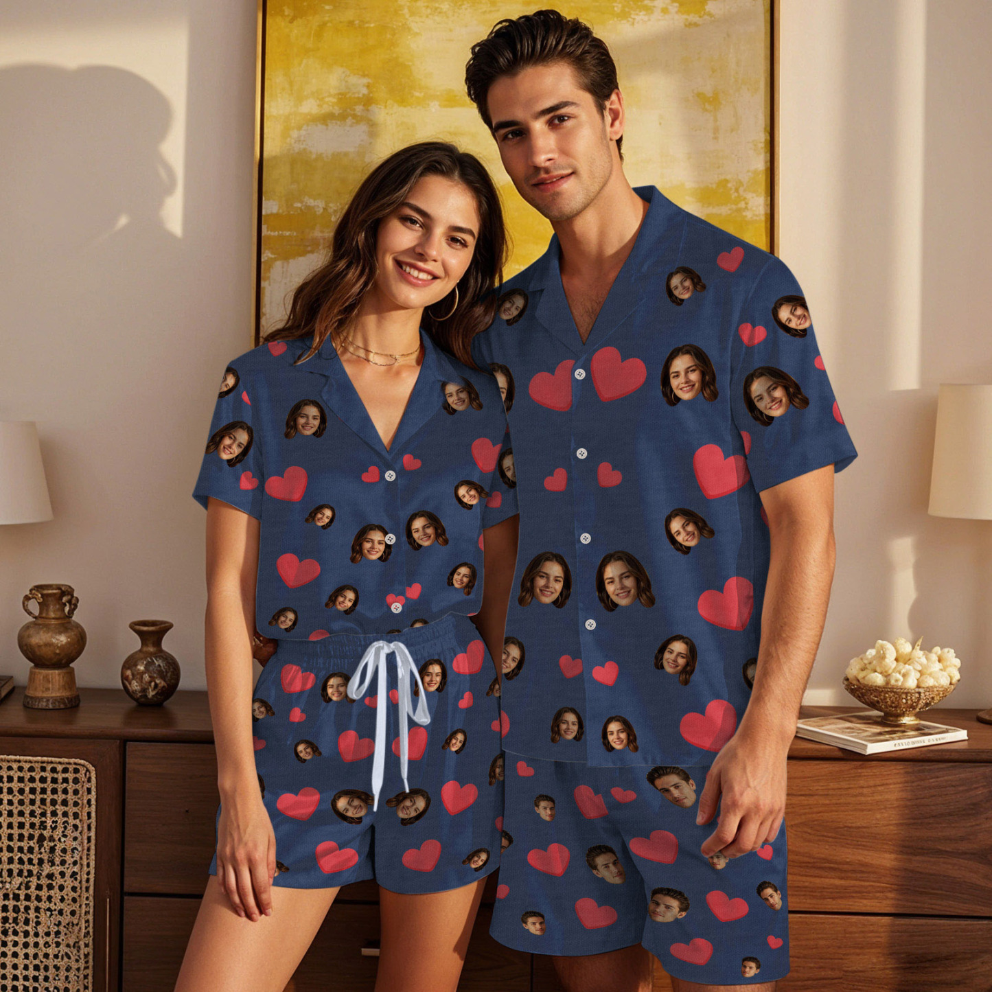 Custom Face Short Sleeve Pajamas Custom Red Heart Photo Pajamas - auphotoblanket