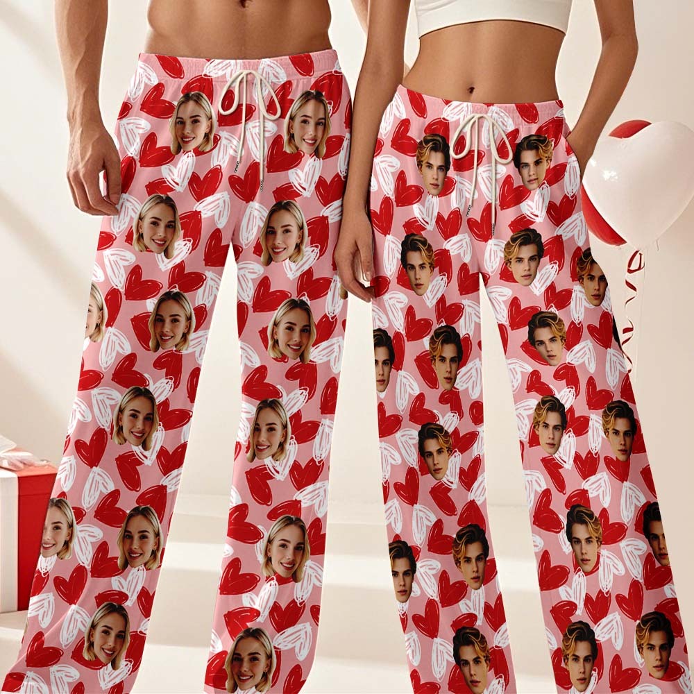 Custom Face Pajama Pants Personalized Heart Couple Pajamas Pants - auphotoblanket
