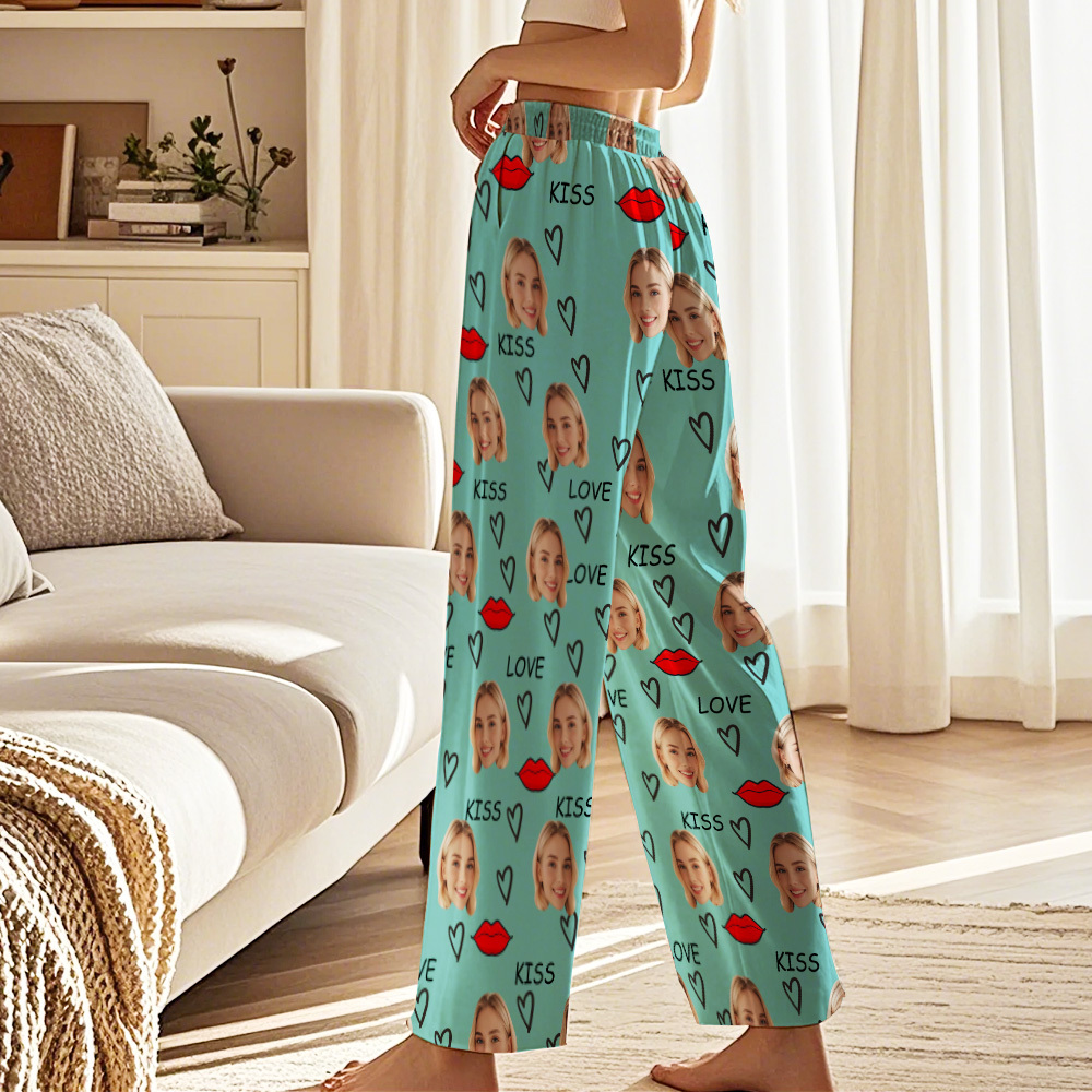 Custom Face Pajama Pants Personalized Kiss Pajamas Pants Valentine's Day Gifts - auphotoblanket