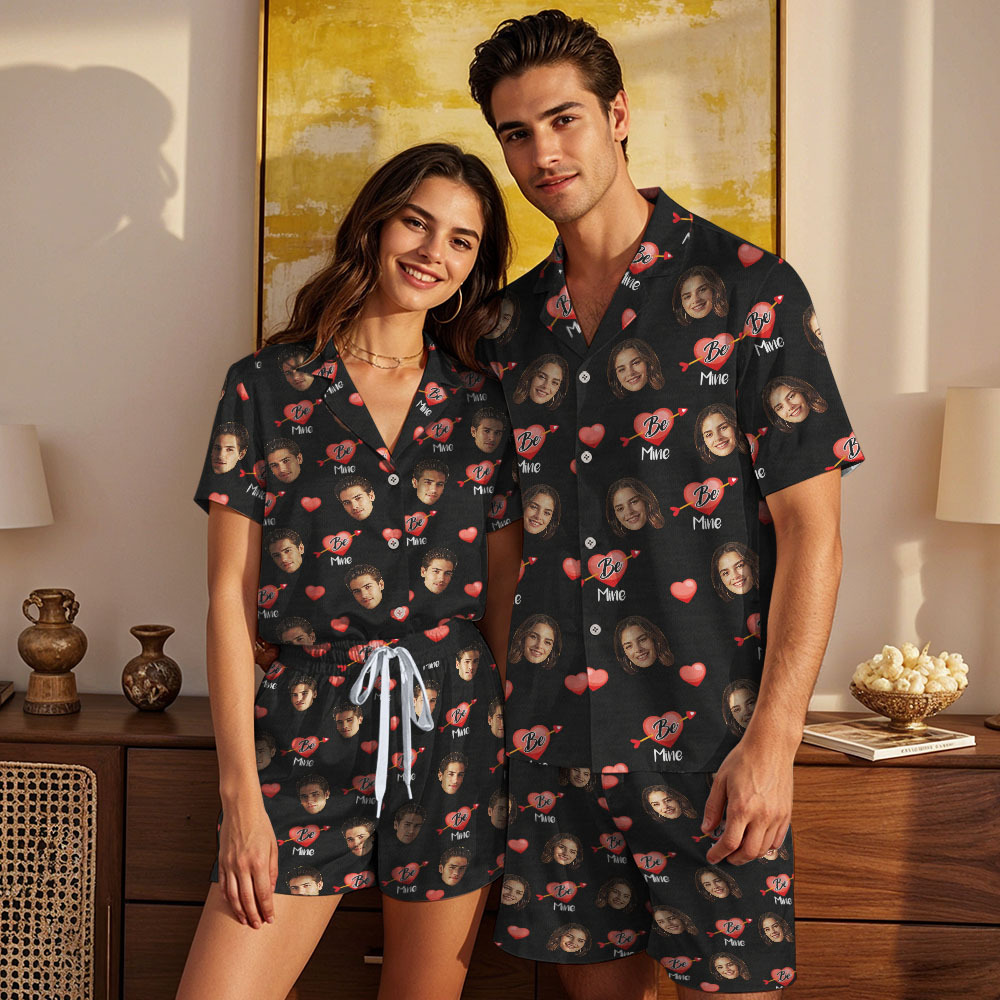 Custom Face Short Sleeve Pajamas Personalized Couple Pajama Heart Sleepwear - auphotoblanket