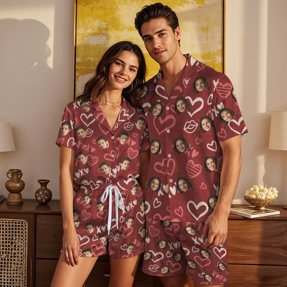 Custom Face Short Sleeve Pajamas Personalized Couple Pajama Love Sleepwear - auphotoblanket